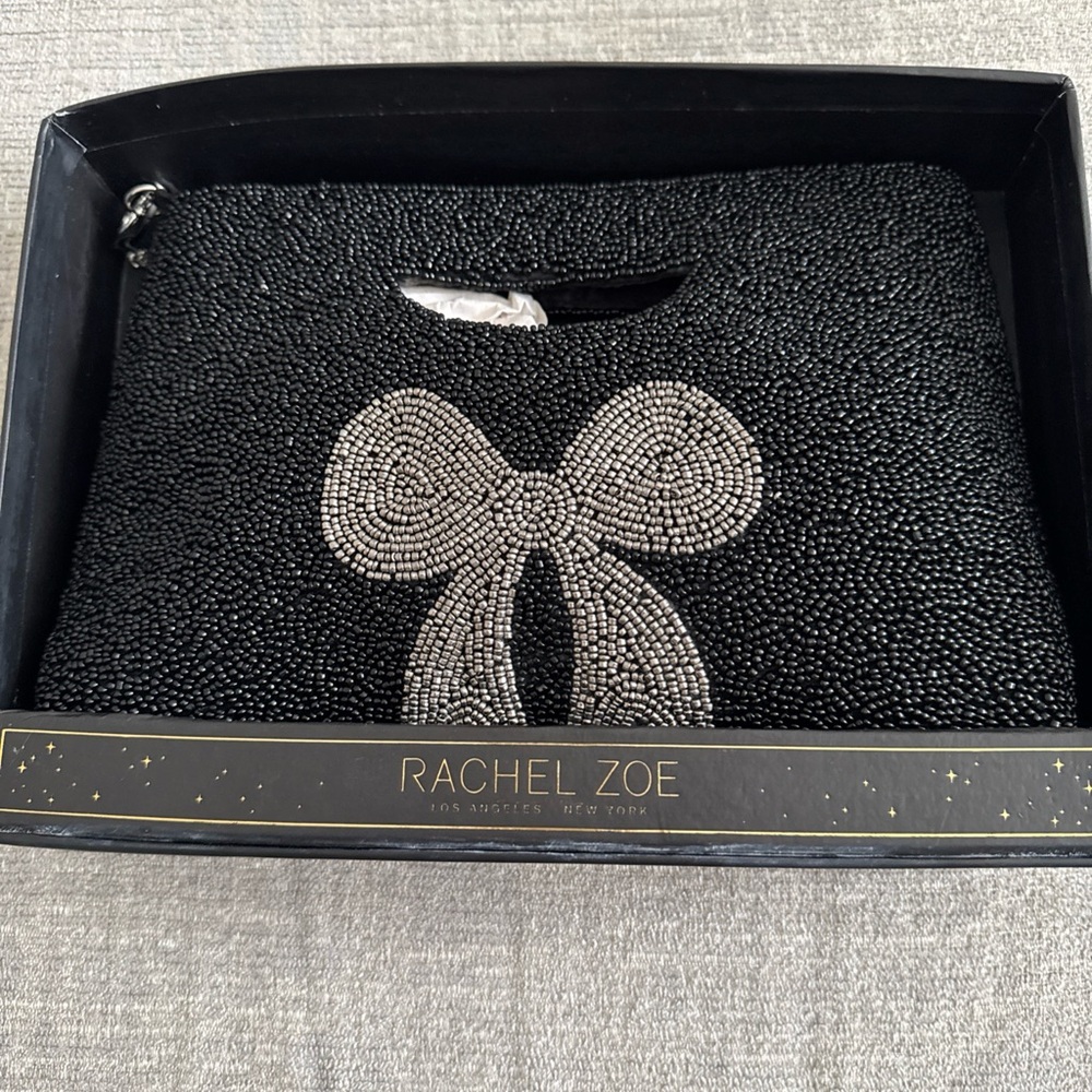 Rachel Zoe Black Beaded Silver Bow Cut Out Handle Clutch With Chain Strap